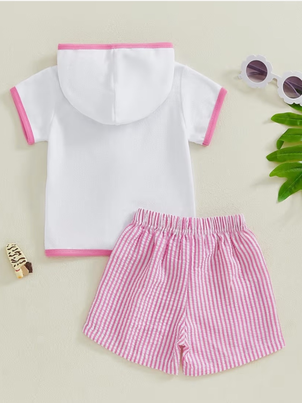 Terry Seersucker Pink Stripe Baby Girl Swim Hooded Terry Cover Up Shorts Top Set - Picture 3 of 11